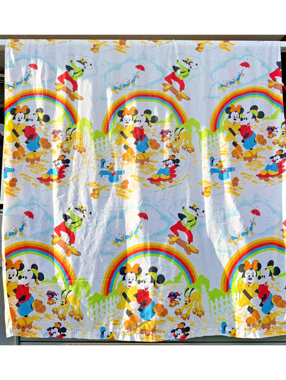 1980 Vtg Twin Flat Sheet Rainbow Walt Disney Mickey Minnie Mouse Skating